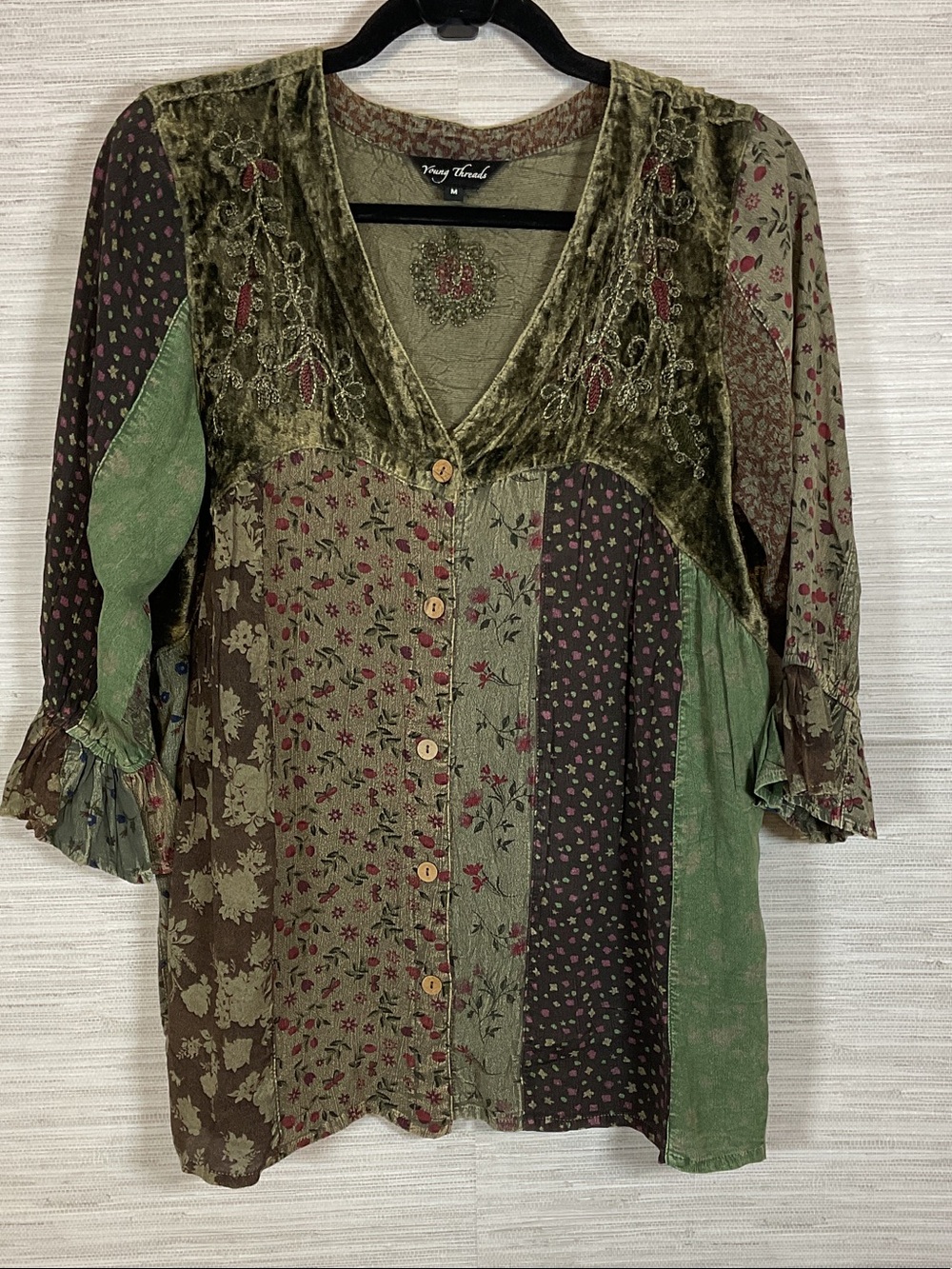 Young Threads Olive Velvet Embroidered Floral Patchwork Button Front Blouse Med